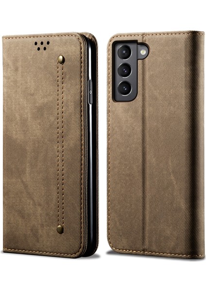 Samsung Galaxy S22 5g Için Retro Kot Deri Flip Cüzdan Standlı Kılıf Kapaklı - Haki (Yurt Dışından)