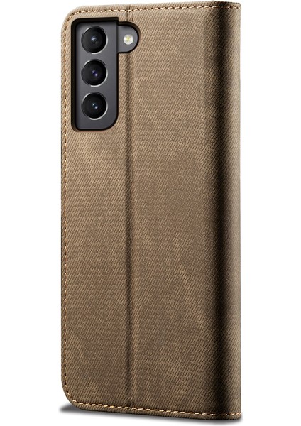 Samsung Galaxy S22 5g Için Retro Kot Deri Flip Cüzdan Standlı Kılıf Kapaklı - Haki (Yurt Dışından)