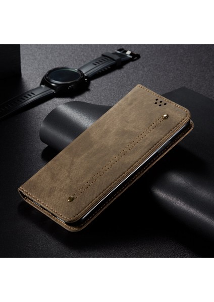 Xiaomi Redmi Note 11S Için Retro Kot Deri Flip Cüzdan Standlı Kılıf Kapaklı - Haki (Yurt Dışından)