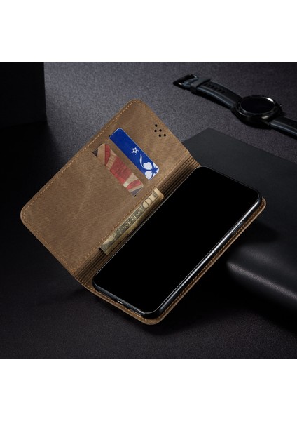 Xiaomi Redmi Note 11S Için Retro Kot Deri Flip Cüzdan Standlı Kılıf Kapaklı - Haki (Yurt Dışından)