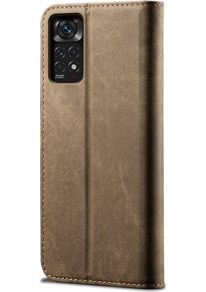 Xiaomi Redmi Note 11S Için Retro Kot Deri Flip Cüzdan Standlı Kılıf Kapaklı - Haki (Yurt Dışından)