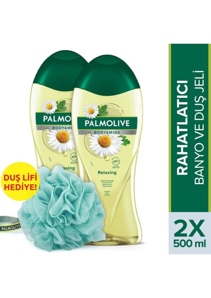 Body & Mind Papatya Özü Rahatlatıcı Banyo ve Duş Jeli 500 ml x 2 Adet + Duş Lifi