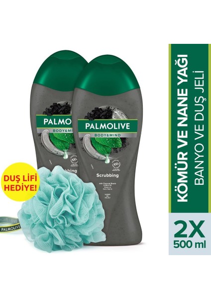Body & Mind Kömür ve Nane Yağı Banyo ve Duş Jeli 500 ml x 2 Adet + Duş Lifi