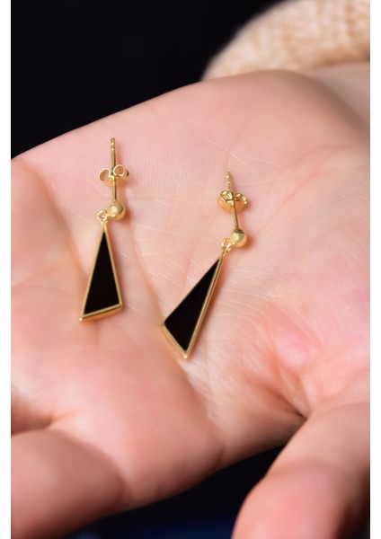 925 Ayar Gümüş Gold Kaplama Siyah Mineli Geometrik Şekilli Küpe