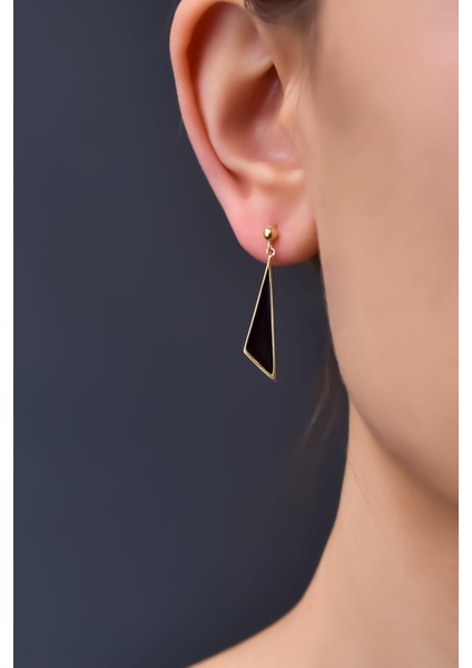 925 Ayar Gümüş Gold Kaplama Siyah Mineli Geometrik Şekilli Küpe fiyatları