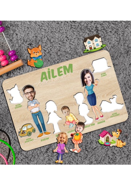 Toys Çocuklara Özel Ailem Konseptli(5 Kişilik) Ahşap Eğitici Yapboz Puzzle-Model 6