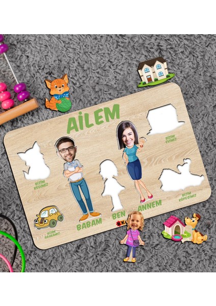 Toys Çocuklara Özel Ailem Konseptli(3 Kişilik) Ahşap Eğitici Yapboz Puzzle