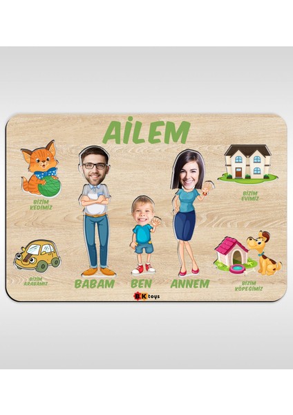 Toys Çocuklara Özel Ailem Konseptli(3 Kişilik) Ahşap Eğitici Yapboz Puzzle