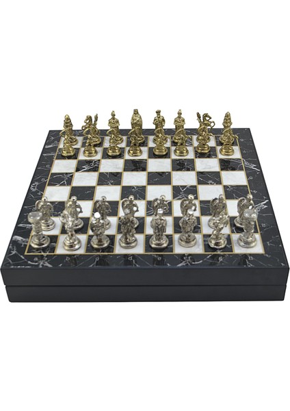 Gifthome Orta Boy Metal Osmanlı-Bizans Satranç Takımı Parlak ve Mermer Desenli Sandıklı Mdf Tahtası (36X36X6 Cm.)