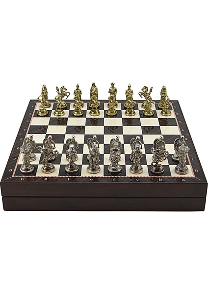Gifthome Orta Boy Metal Osmanlı-Bizans Satranç Takımı Parlak ve Ceviz Desenli Sandıklı Mdf Tahtası (36X36X6 Cm.)