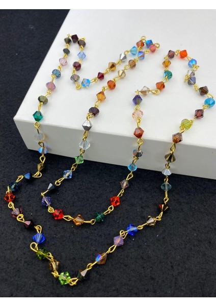 4mm Karışık Renkli Kristal Taşlı Sarı Kaplama Gold Zincir, Gözlük Ipi Takı Aksesuar (1 Metre) modelleri