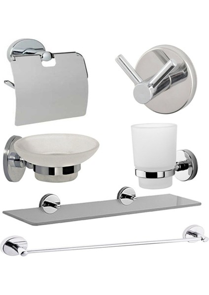 Etejer, Bornoz Askısı, Uzun Havluluk, Diş Fırçalık, Sabunluk, Kapaklı Wc Kağıtlık 6 Lı Set