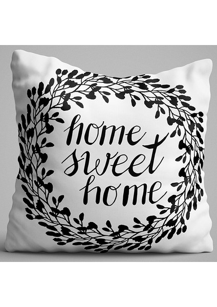 Beyaz Siyah Home Sweet Home Desenli Dijital Baskılı Çift Taraflı Kırlent Kılıfı - OTYK564-CT