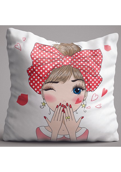 Beyaz Kırmızı Kız Çocuk Figürlü Dijital Baskılı Çocuk Çift Taraflı Kırlent Kılıfı - OTYK518-CT
