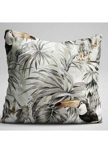 Beyaz Yeşil Tropikal Kuş Figürlü Dijital Baskılı Çift Taraflı Kırlent Kılıfı - OTYK050-CT