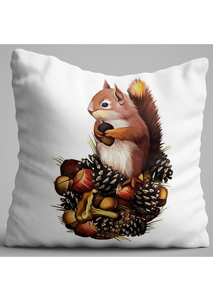 Kahverengi Sincap Figürlü Dijital Baskılı Çift Taraflı Kırlent Kılıfı - OTYK447-CT