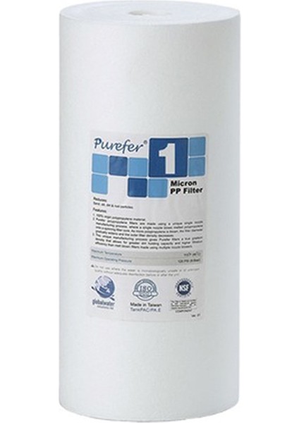 Aquames - Su Arıtma Purefer 10" Big Blue 1 Mikron Tortu Filtresi Nsf Sertifikalı