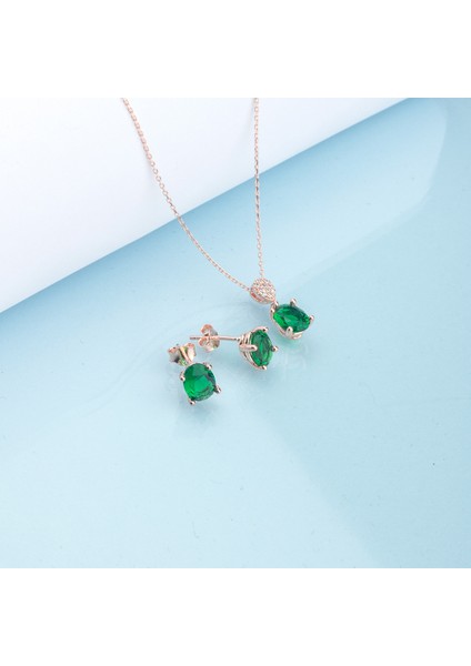 925 Ayar Gümüş Zümrüt Taşlı Oval Kolye Küpe Set