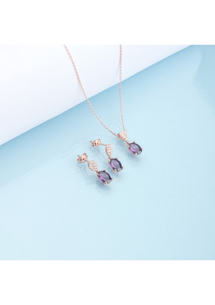 925 Ayar Gümüş Oval Ametist Taşlı Kolye Küpe Set