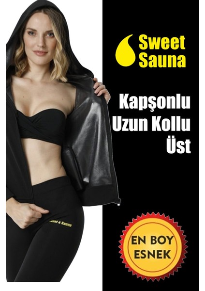 Sweet Sauna Yeni Sezon Spor Uzunkollu Kapşonlu Cepli Üst Unisex Sweet Sauna Termal Siyah