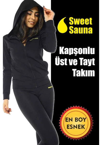 Sweet Sauna Yeni Sezon Spor Kapşonlu Üst Tayt Takım Unisex Sweet Sauna Termal Siyah