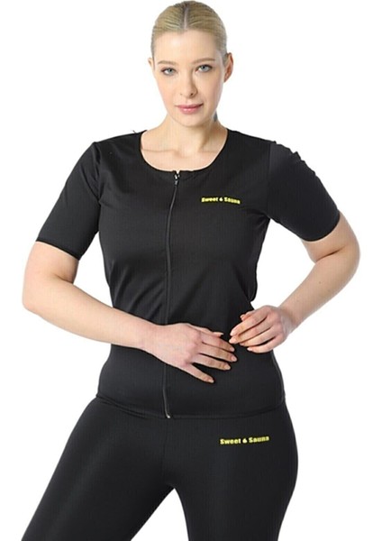 Yeni Sezon Spor Kısakollu Fermuarlı Üst Unisex Sweet Sauna Termal Siyah
