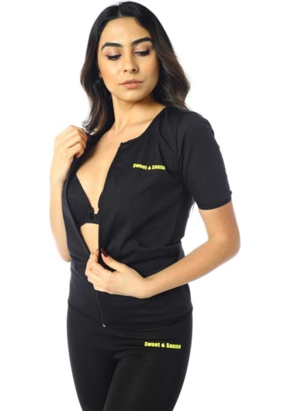 Yeni Sezon Spor Kısakollu Fermuarlı Üst Unisex Sweet Sauna Termal Siyah