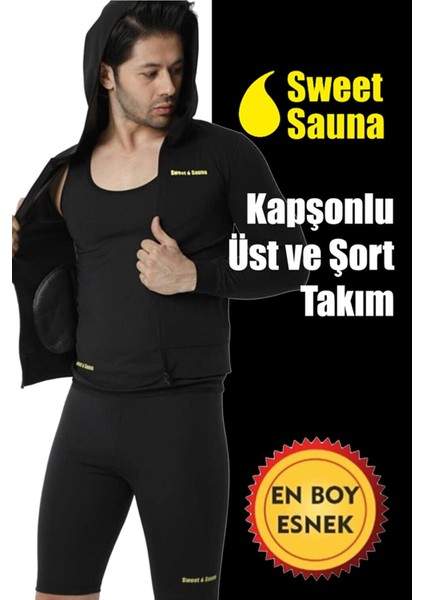 Yeni Moda Uzunkollu Kapşonlu Cepli Üst Şort Unisex Sweet Sauna Termal Siyah