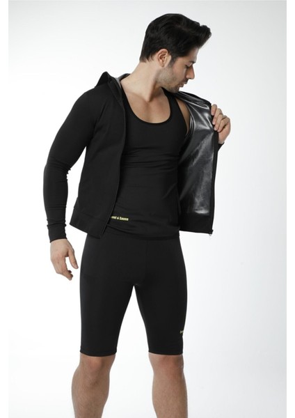 Yeni Moda Uzunkollu Kapşonlu Cepli Üst Şort Unisex Sweet Sauna Termal Siyah