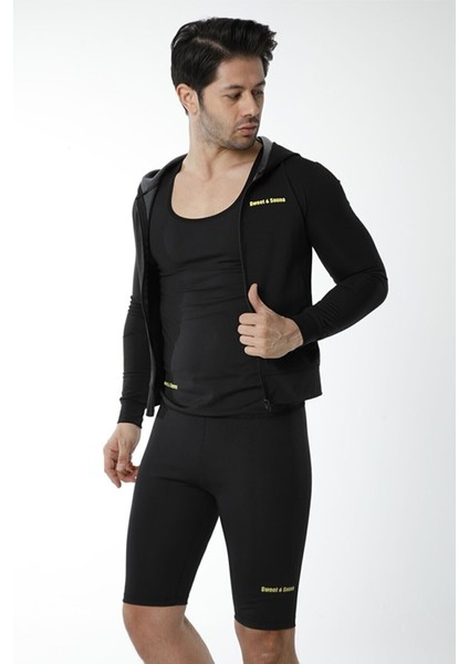 Yeni Moda Uzunkollu Kapşonlu Cepli Üst Şort Unisex Sweet Sauna Termal Siyah