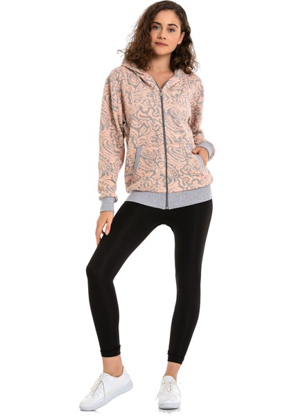 Kadın Gri Pembe Renk Jakar Örme Kapüşunlu Cepli Fermuar Kapamalı Sweatshirt fiyatları