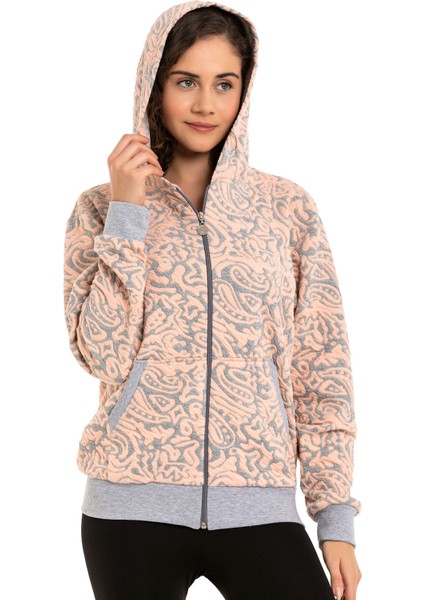 Kadın Gri Pembe Renk Jakar Örme Kapüşunlu Cepli Fermuar Kapamalı Sweatshirt modelleri