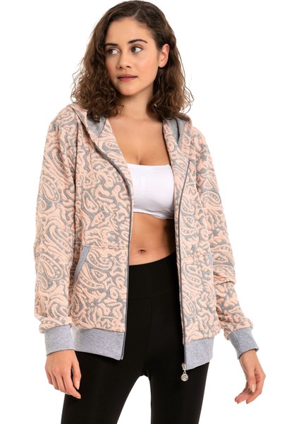 Kadın Gri Pembe Renk Jakar Örme Kapüşunlu Cepli Fermuar Kapamalı Sweatshirt fırsatları