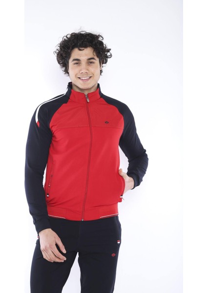 Erkek Spor Slimfit Kalıp, Dik Yaka, Lastik Paça, 4 Cepli,4 Mevsim Kırmızı Eşofman Takımı - 6733