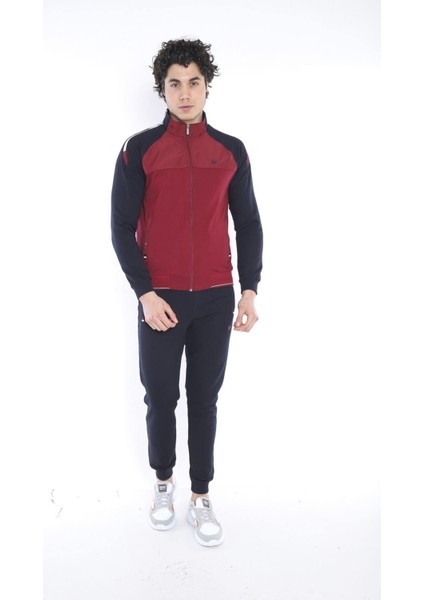 Erkek Spor Slimfit Kalıp, Dik Yaka, Lastik Paça, 4 Cepli,4 Mevsim Bordo Eşofman Takımı - 6733