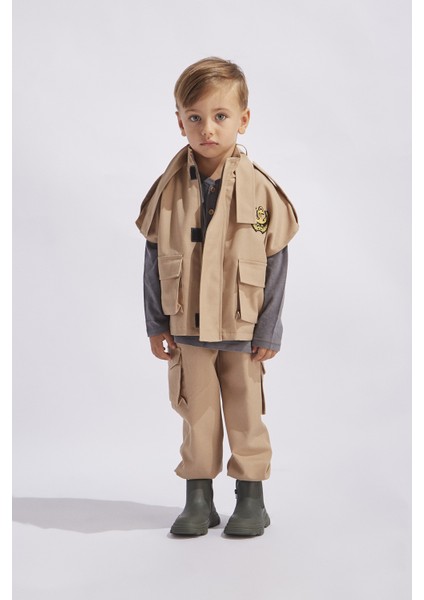 Erkek Çocuk Yelekli Nakışlı Kargo Takım Camel