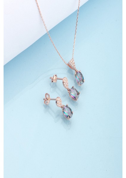 925 Ayar Gümüş Oval Mistik Topaz Taşlı Kolye Küpe Set