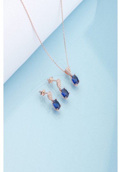 925 Ayar Gümüş Oval Safir Taşlı Kolye Küpe Set