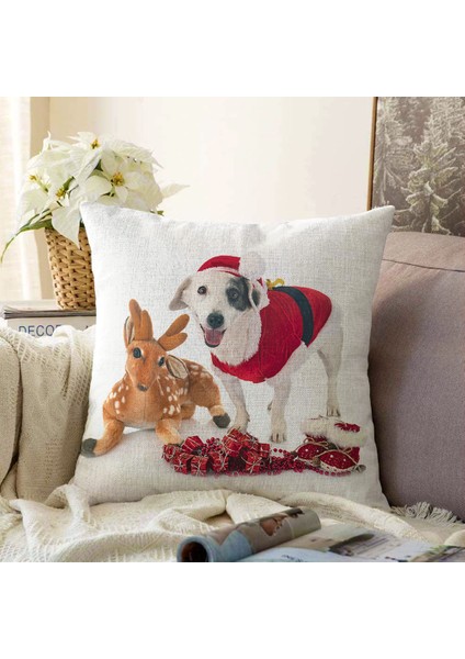 Real Homes Çift Taraflı Yılbaşı Kıyafetli Köpek Desenli Dijital Baskılı Modern Şönil Yastık Kırlent Kılıfı