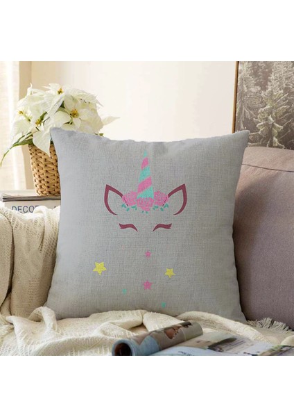 Real Homes Çift Taraflı Gri Zeminde Unicorn Desenli Çocuk Odası Şönil Yastık Kırlent Kılıfı