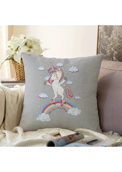 Real Homes Çift Taraflı Gri Zeminde Unicorn At Desenli Çocuk Odası Şönil Yastık Kırlent Kılıfı