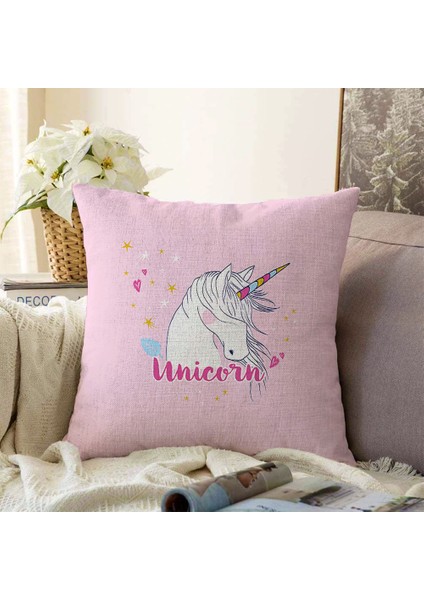 Real Homes Çift Taraflı Pembe Zeminli Unicorn At Desenli Dekoratif Çocuk Odası Şönil Yastık Kırlent Kılıfı