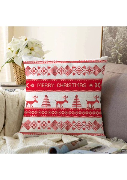 Real Homes Çift Taraflı Merry Christmas Kanaviçe Görünümlü Geyikler Dijital Baskılı Şönil Yastık Kırlent Kılıfı