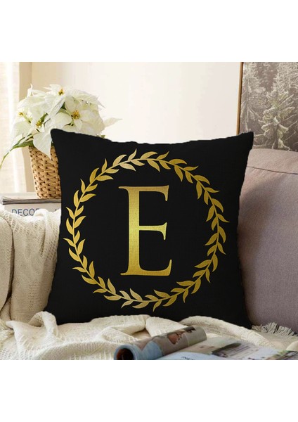 Real Homes Çift Taraflı Siyah Zemin Gold Yaprak Çerçeveli E Harfi Özel Tasarım Dijital Baskılı Şönil Yastık Kırlent Kılıfı