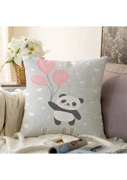 Real Homes Çift Taraflı Uçan Balonlar ve Sevimli Panda Desenli Çocuk Odası Şönil Yastık Kırlent Kılıfı