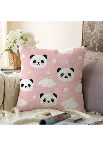 Real Homes Çift Taraflı Pembe Zeminli Panda Resimli Dijital Baskılı Şönil Kırlent Kılıfı