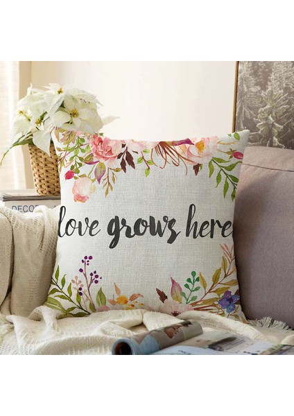 Love Grows Here Yazılı Çift Taraflı Dijital Baskılı Modern Şönil Yastık Kılıfı