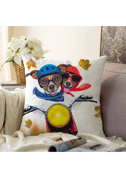 Real Homes Çift Taraflı Motor Süren Çılgın Köpekler Dijital Baskılı Modern Şönil Yastık Kırlent Kılıfı