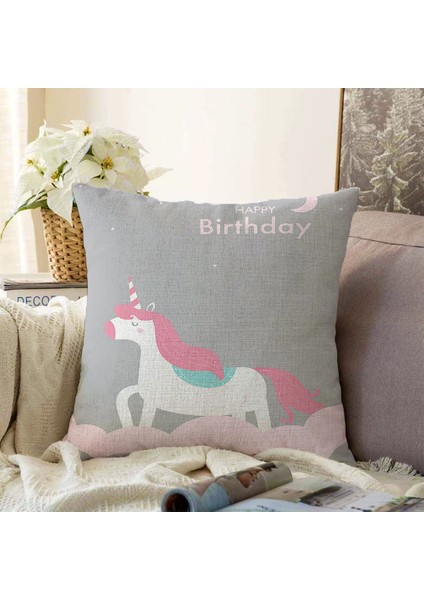 Çift Taraflı Gri Unicorn At Desenli Dijital Baskılı Bebek Odası Şönil Yastık Kırlent Kılıfı