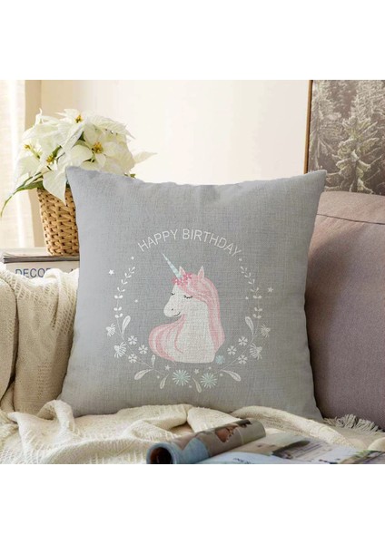 Real Homes Çift Taraflı Gri Zeminde Unicorn At Tasarımlı Bebek Odası Şönil Yastık Kırlent Kılıfı